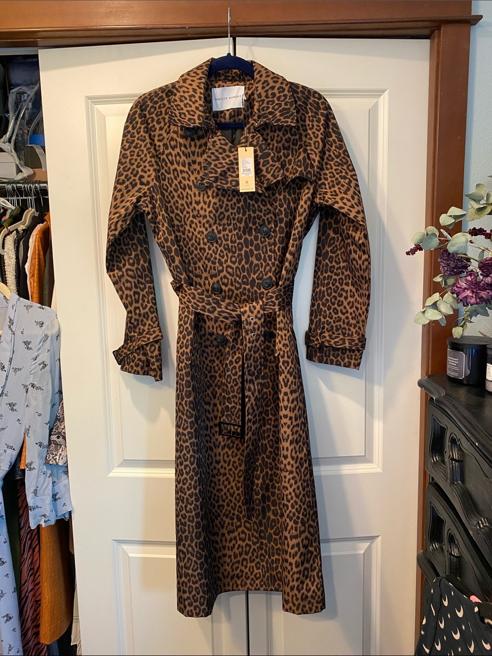 NWT Rebecca Minkoff Leopard Print Belted Tench Coat - Brown & Black. Size Small. - Picture 3 of 8